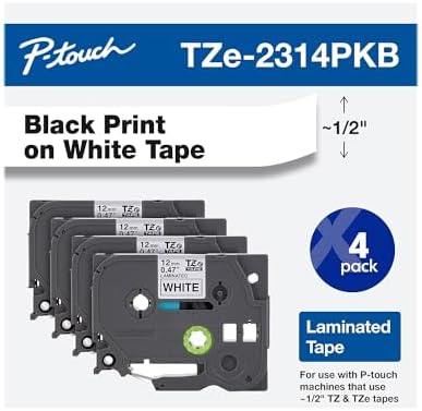 Brother Genuine P-Touch TZe-231 4-Pack Tape (TZE2314PKB) ½” (0.47” or 12mm) x 26.2 ft. (8m) Laminated Black on White, (for use with PT-D210, PT-H110, PT-D220, PT-D410, PT-D600 Label Makers) by Brother