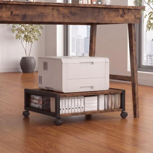 Zonon 2 Tier Printer Stand Under Desk with Wheels, Open Shelf Style, Brown by Zonon