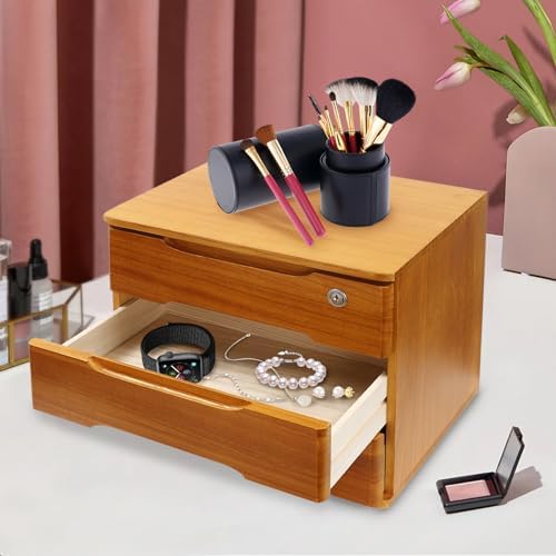 Wooden Desk Organizer with Drawers and Lock, Desktop Storage Cabinet,Drawer Organizer Desktop Drawer Wooden Storage Box for Home office Supplies (Wood, 3Tier) - Image 7