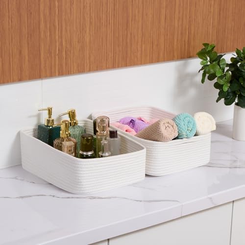 MiniArk Large Shallow Organizing Baskets 15x11x5.1 Inches - Rope Woven Storage Bins for Bathroom, Shelves, Cube Closet, Off White 3 Packs - Image 6