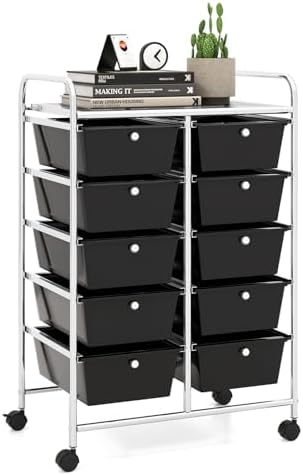 LDAILY 10 Drawer Rolling Cart, Storage Cart Organizer on Wheels, Drawer Cart with Metal Frame & Large Storage Capacity, Rolling Cart with Drawers for Living Room Classroom, Office by LDAILY