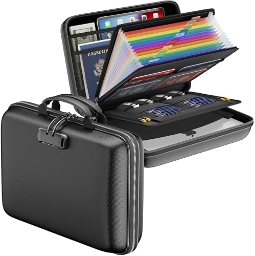 DocSafe Fireproof File Organizer with Lock, Hard-Shell Case Fireproof Document Box with 13 Pocket Accordion File Folder, Portable Home Office Travel Safe Storage for Important Documents Laptop Black by DocSafe