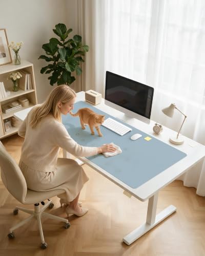 YSAGi Leather Desk Protector, Office Mat, Large Mouse Mat, Non-Slip PU Leather Blotter, Laptop Desk Mat, Waterproof Writing Pad for Office and Home(Ice Blue, 63" x 24") - Image 4