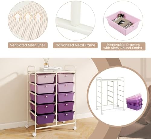 LDAILY 10 Drawer Rolling Cart, Storage Cart Organizer on Wheels, Drawer Cart with Metal Frame & Large Storage Capacity, Rolling Cart with Drawers for Living Room Classroom, Office - Image 6