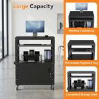 Mobile AV Cart, Adjustable Height Rolling Computer Cart with Pullout Keyboard Tray – Locking Cabinet, 3 Outlets & 2 USB Ports, Lock Brake Casters–Media Utility Cart on Wheels for Home/Office - Image 3