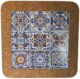 Portugal Azulejo Tiles, Ethnic Portugese Ceramic Tiles - Cork Trivets - Home & Wall Decorations (7.8 Inch - 20cm) (Portugal Blue & Maron Azulejo) by GOLDTON