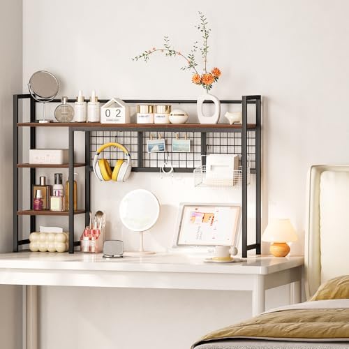 Snughome Desk Shelf, 44.9" Desktop Organizer Shelf, Desk Hutch for Computer Monitor, 4 Tier Desk Display Rack with Pegboard Hooks Set, Wood Desktop Bookshelf for Home Office Dorm - Image 5