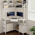 VENNQD Corner Desk with Drawers Shelves, Office Desk with Hutch, Triangle Corner Gaming Computer Desk with Storage Bag, Power Outlets and Hook for Home Office Workstation (White) by VENNQD