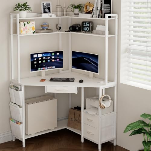VENNQD Corner Desk with Drawers Shelves, Office Desk with Hutch, Triangle Corner Gaming Computer Desk with Storage Bag, Power Outlets and Hook for Home Office Workstation (White) by VENNQD