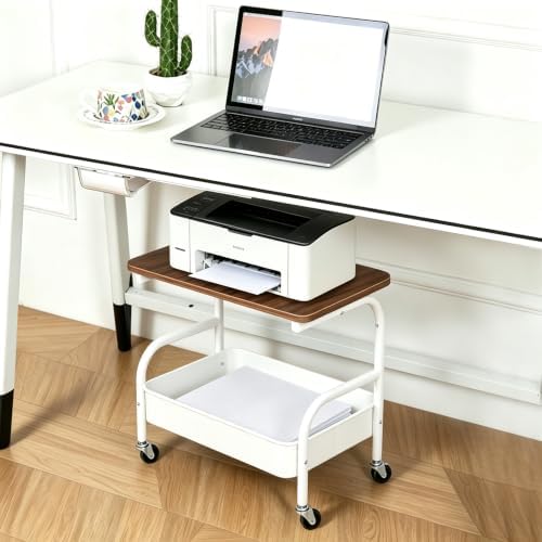 Under Desk Printer Stand with Storage 2 Tier Rolling Printer Cart with Wheels, Mobile Short Under Shelf Storage Small Rolling Table Cart for Home Office, White - Image 6