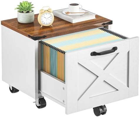 HOOBRO Farmhouse File Cabinet, Small Rolling File Cart Under Desk, 1-Drawer File Cabinet for Home Office, Printer Stand with Drawers, File Organizer Fits A4/Letter Size, White and Walnut, WH34WJ01 by HOOBRO