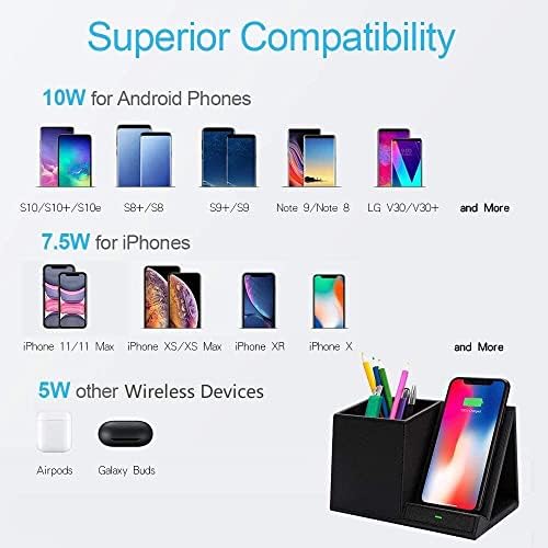 COSOOS Fast Wireless Charger with Desk Organizer, Desk Phone Charger Compatible with 15/15 Pro/15 Pro Max/14/13/12/11/XS/8 Plus, Galaxy S21/S20+/S10/Note 10/Note 9/(No AC Adapter) - Image 6