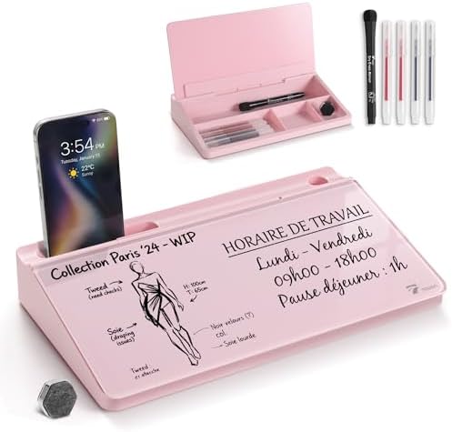 TOWON Compact Glass Desktop Whiteboard with Storage 12x7 in, Pink by TOWON