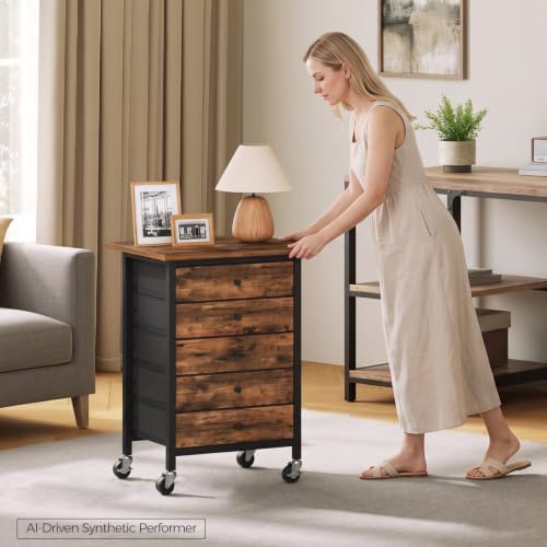 MAHANCRIS 5 Drawer File Cabinet,Rolling Filing Chest Cabinet with Wheels, Under Desk Storage Organizer, Printer Stand with Non-Woven Fabric Drawer, for Home Office, Study, Rustic Brown FCHR4801 - Image 2
