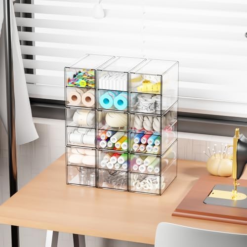Yieach 9 Pack Small Acrylic Drawers With 18 Drawers,Clear Drawer Organizers Stackable,School,Office Supplies Organizer And Storage Bins for Stationery,Pen,Pencil,Craft,Glasses,Sunglass Organizer Case - Image 2