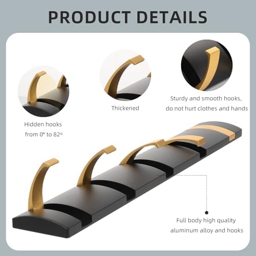 2 Pack Foldable Stylish Modern Hook Rack with 5 Hooks, Coat Hooks Wall Mount, Metal Coat Hook Rail for Coat Hat Towel Purse Robes Mudroom Bathroom Entryway (Black and Gold) - Image 5