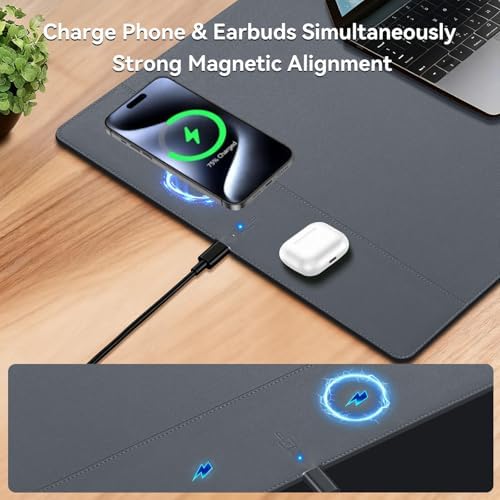 Wireless Charging Mouse Pad, 15W Fast Charge Magnetic Charger Desk Pad, Large Office Desk Mat (23.4x15.6) with Ultra-Smooth Surface, Gray Computer Mousepad for MacBook, PC, Laptop - Image 3