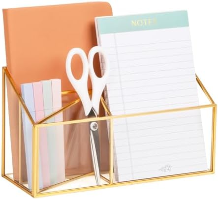 Mind Reader 4-Compartment Glass Desktop Organizer with Copper Trim, Angled Design for Office Supplies, Makeup & Accessories, Glass and Copper, Clear by MindReader