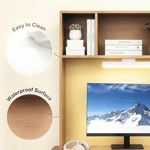 3 Tier Desktop Bookshelf with Rechargeable Eye-Friendly LED Desk Light, Desk Hutch Organizer with 5 Shelves, Wooden Desk Bookshelf for Office, Dorm and Small Space, Burlywood - Image 5