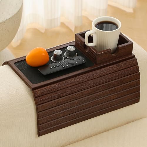 Bamboo Couch Cup Holder Arm Tray Table with Anti-Slip Cork Pad，Couch Drink Holder，Sofa Cup Holder Armrest Tray，Foldable Arm Chair Table Recliners for Drink, Cups, Eats，Snacks, Phone, Remote (Brown) - Image 3