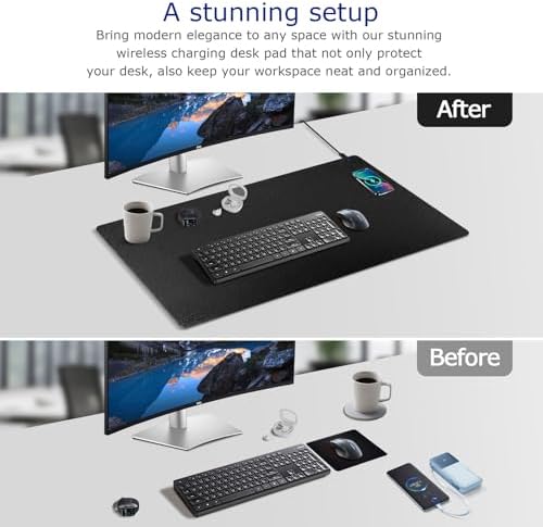 EYStech™ Desk Pad with Wireless Charger, Leather, Waterproof, Anti-Slip Wool Felt Base Material, Office Table Mat, Fast Charging Gaming Mouse Pad, 36”(L) x 17”(W), Black (Right Side Charging Port) - Image 2