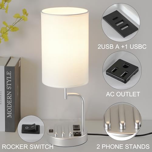 Dreamholder Table Lamp with 3 USB Charging Ports, Modern Desk Lamp with AC Outlet and Phone Stands, Perfect Bedside Lamp for Bedroom, Living Room, Office (Pack of 2), Silver - Image 2