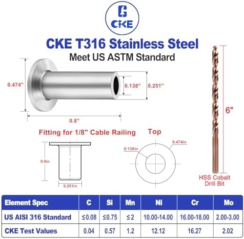 CKE T316 Stainless Steel Protector Sleeve for Cable Railing System, 100 Pack for 1/8" Wire Rope Cable Railing Kit, Protective Sleeve for Wood Posts with Drill Bit, CR01 - Image 3