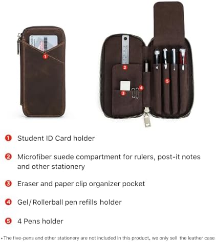 CONTACTS Full Grain Crazy Horse Leather Pencil Case Handmade Vintage Zipper Pen Holder Pouch with Card Slot Pens Organizer Pockets Stationery Bag for Men - Image 4