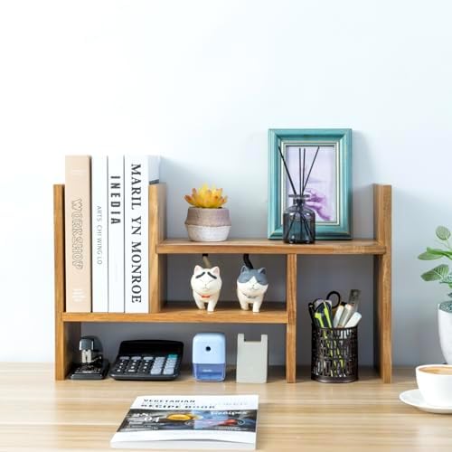 MyGift Premium Acacia Solid Wood Adjustable Desktop Book Shelf with Fluted Side Panels, Wooden Desk Storage Home Office Supplies Organizer, 2 Piece Shelves - Image 2
