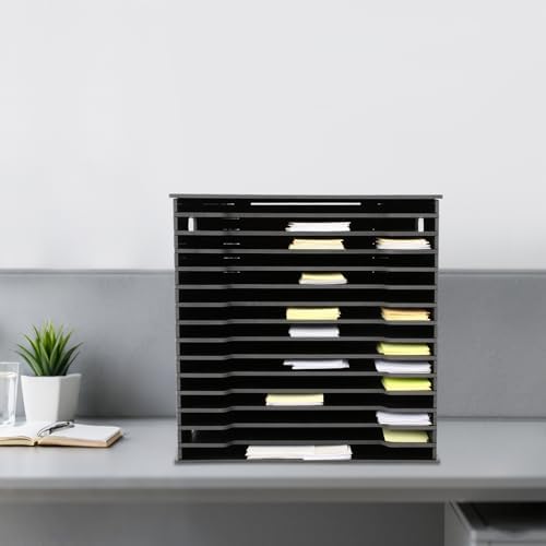 15-Slot Desktop File Organizer Rack, Vertical PVC Paper Storage Shelf for 12x12 Sheets, Office Document Sorter for Home Office, Classroom, Craft Room and Magazine Storage (Black) - Image 4