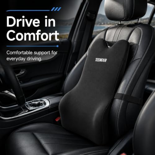Teemour Lumbar Support Pillow for Car Seat, Memory Foam Back Support Pillow with Adjustable Straps, Medium Soft Car Back Cushion for Driving, Truck, SUV, Office Chair, Black - Image 3