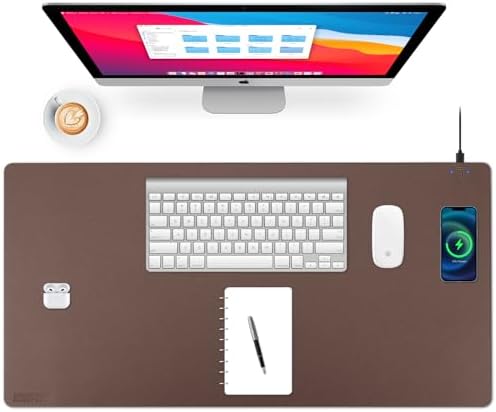 Wireless Charging Desk Mat, Mouse Pad, Brown-R, 36x17 inch by ACOOFCGOU