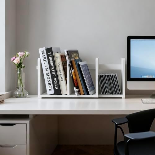 MyGift White Wood Desktop Bookshelf Organizer, Expandable Adjustable Rack - Image 2