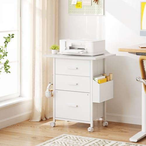 3-Drawer Mobile File Cabinet with 22" Wide Printer Stand, Fabric Under Desk Filing Cabinet with Side Bag & Headphone Hook, Fits Letter/A4 Size Hanging File Folders, Rolling Home Office Organizer,White - Image 2