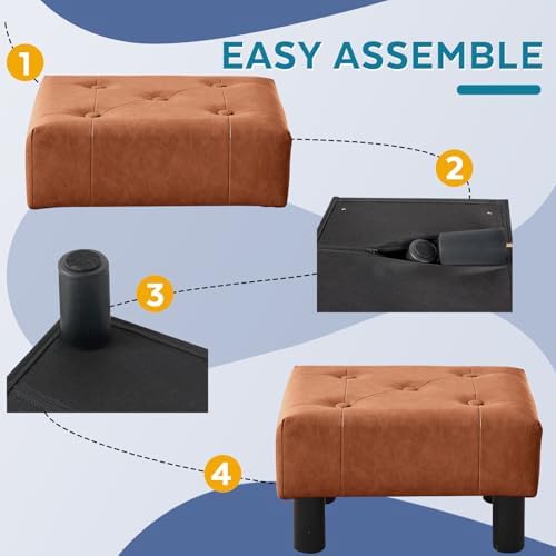 Small Foot Stool Ottoman, Faux Leather Footstool Ottoman Foot Rest for Couch, Rectangle Footstools and Ottomans Small for Living Room, Entryway and Bedroom (Bright Brown) - Image 5