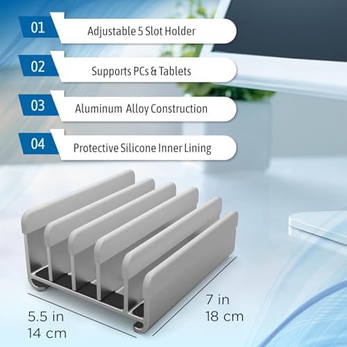 Elestoria 5-Slot Vertical Laptop Stand - Aluminum Laptop Stand Vertical for Desk -Laptop Holder with Adjustable Width (12-38mm) Compatible with MacBook Pro/Air & Gaming Laptops up to 17.3"-Grey - Image 4