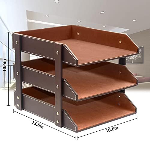 Very Sturdy 3 Tier Leather Desk File Rack for Office Supplies/Stationery/Folder,Stackable Letter Tray Organizer,Document Filing Organizer Holder for Desktop Storage (Brown)… - Image 2