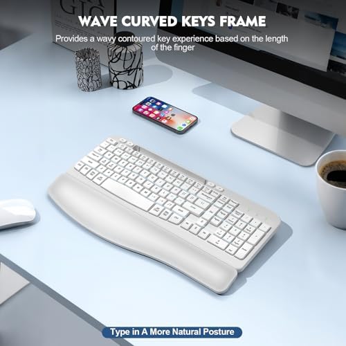 EAYBLLY 2.4G Wireless Ergonomic Keyboard, Full Size Wave Keys with Memory Foam Wrist Rest & 7.28in Phone Holder, USB-C Adapter Included for Windows Mac Chrome OS, Office or Home (White) - Image 7