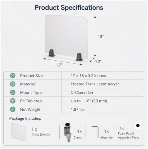 Desk Privacy Panel, Desk Divider, Desks Partition, Frosted Acrylic Desktop Privacy Panel with Stable C-Clamp for Home Office School Retail Clinic (1Pcs, 17 * 18 * 2in) - Image 7