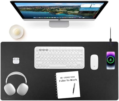 Wireless Charging Mouse Pad Firelison 2 in 1 Leather Multifunctional Office Desk Pad with Non-Slip Rubber Base, Waterproof Desk pad for Computers/Office/Work/Home/Decor（ 32" x 16"Black - R） by Firelison