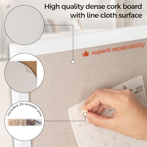 Fun Memories Cork Board Bulletin Board for Office, 20" x 30" Oak Wooden Framed Corkboard, Wall Mounted Notice Pin Board for School Home & Office, White - Image 4