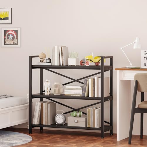 Homeiju 3 Tier Bookshelf 31.49" Width, Wood and Metal Etagere Bookcase, Vintage Farmhouse Modern Wooden Big Book Shelf for Home Living Room Bedroom Office Storage(Black) - Image 7