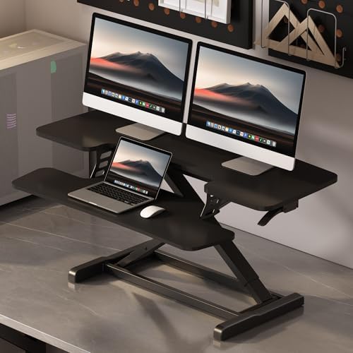 FLEXISPOT Standing Desk Converter 42", Extra Large Ergonomic Height Adjustable Sit Stand Desk Riser, Spacious Computer Workstation with Wide Keyboard Tray, Black - Image 2