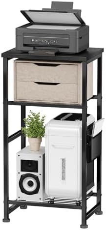 Industrial 3 Tier Printer Stand, Home Printer Wood Table with Wire Storage Shelf for Scanner Fax Machine, Heavy Duty Metal, Black with Burly Wood Board by MWQ