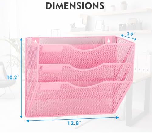 EASEPRES Magnetic 3 Pocket Mesh Hanging Wall File Organizer, Wall Mounted Mail Paper Document Folder Holder, Clipboard Storage Magazine Rack with Nametag Label for Office Home School, Pink - Image 3