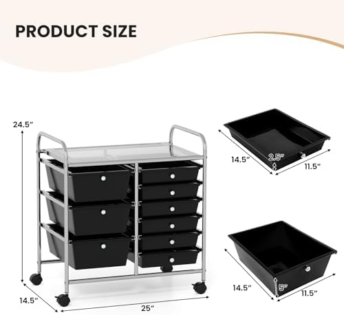 LDAILY 9 Drawer Rolling Storage Cart, Rolling Cart with Drawers for Classroom, Art Supply Craft Organizer on Wheel with Metal Frame & Handles for Home Office School - Image 3