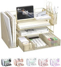 WALI Desk File Organizer, 4 Tier Desktop Paper Letter Tray Organizer with Drawer and 2 Pen Holders, Office Desk Accessories & Workspace Organizers for Office, Home, School Supplies, 1 Pack, Gold by WALI