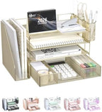 WALI Desk File Organizer, 4 Tier Desktop Paper Letter Tray Organizer with Drawer and 2 Pen Holders, Office Desk Accessories & Workspace Organizers for Office, Home, School Supplies, 1 Pack, Gold by WALI