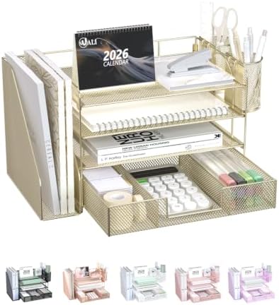 WALI Desk File Organizer, 4 Tier Desktop Paper Letter Tray Organizer with Drawer and 2 Pen Holders, Office Desk Accessories & Workspace Organizers for Office, Home, School Supplies, 1 Pack, Gold by WALI