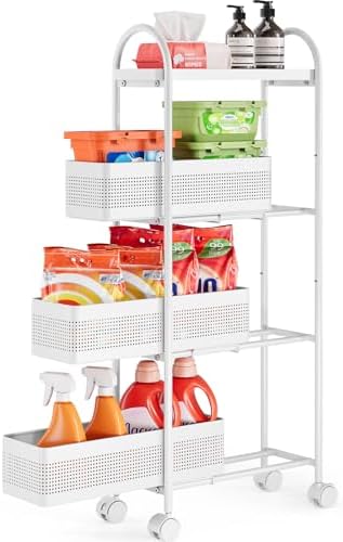 KINGRACK 4 Tier Slim Rolling Cart with Drawer, Metal Utility Storage Cart by KINGRACK
